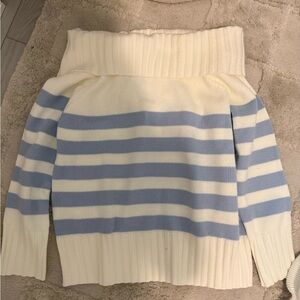 Cozy Striped Cowl Neck Sweater - Cream and Blue